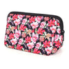 A black zippered cosmetic organizer bag featuring a vibrant floral pattern of pink and red flowers on a dark background.