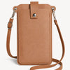 A tan mini PU leather crossbody phone bag with a leather strap and silver hardware.