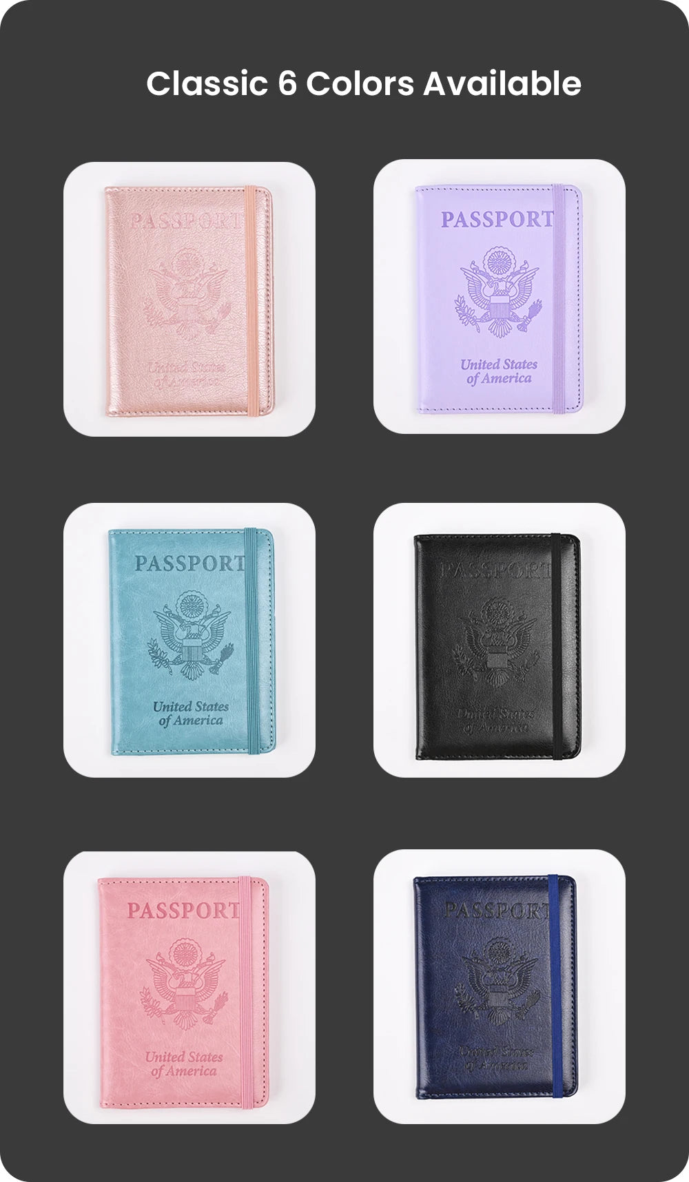 Six color passport holders in pink, purple, teal, black, and navy blue leather.