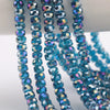 Blue iridescent AB faceted crystal glass beads in a wheel shape strung on a wire.