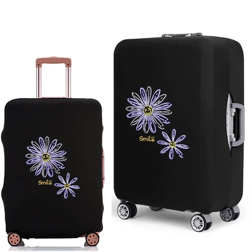 Black rolling suitcase with purple floral embroidery and a pink handle.