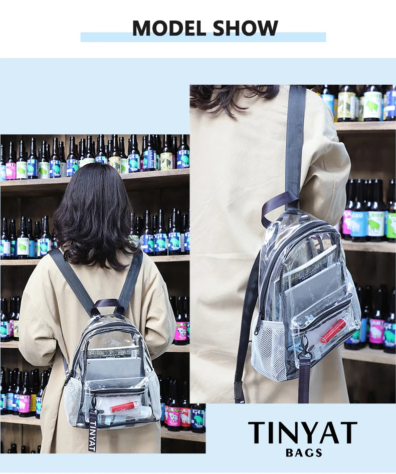 A clear capacity backpack is shown being worn by a person, with various bottles visible in the background.
