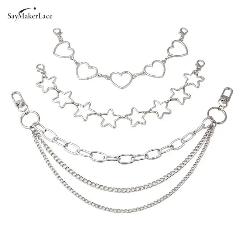 A multi-layer metal chain strap featuring heart and star charms for a bag or accessory.