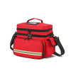 A red and black durable waterproof emergency trauma bag with a yellow stripe detail.