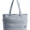 A grey quilted tote bag with padded handles shown from the front.