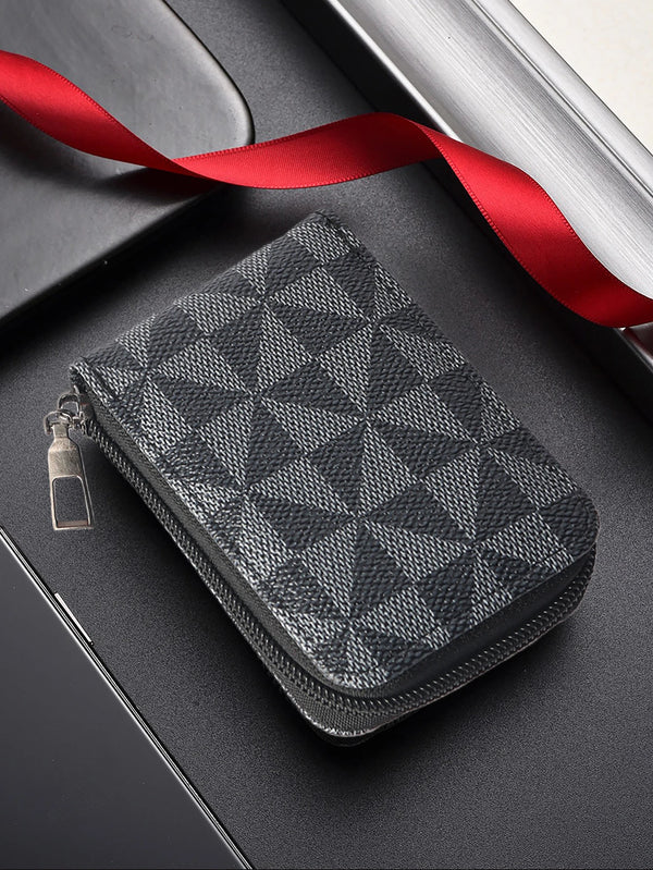A black men's PU card holder with a diamond pattern and zipper closure is displayed on a dark surface.