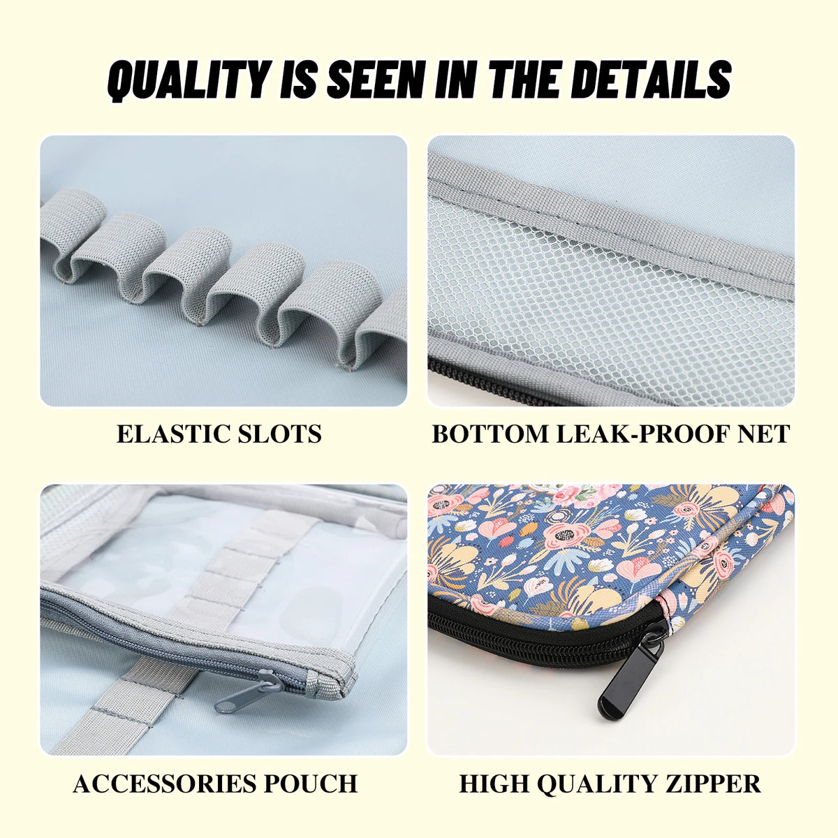Close-up details of a light green crochet hook and sewing accessories storage bag showing elastic slots, leak-proof net, acce