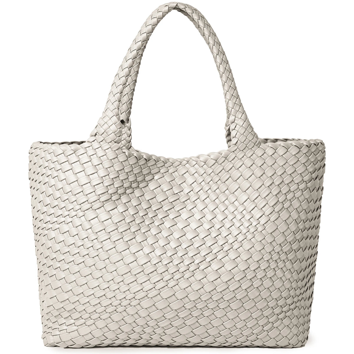 A beige handwoven vegan leather tote bag with a woven texture and a handle.