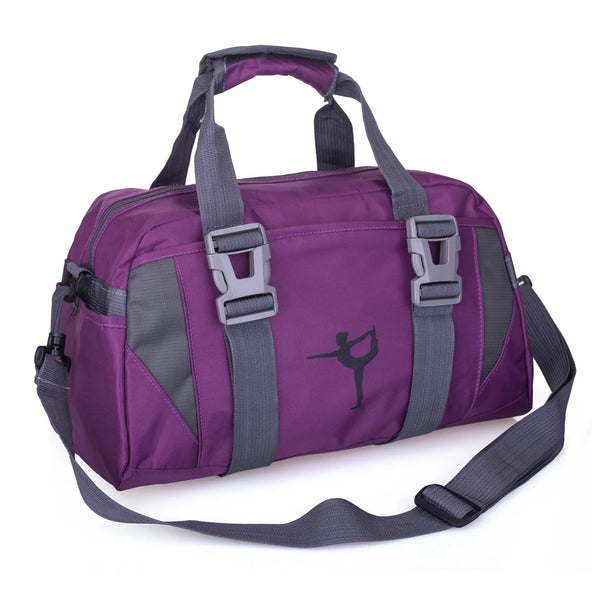A purple water-resistant travel duffel bag with gray accents and carrying straps.