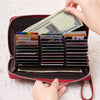 A red wallet with a zipper closure is shown open, displaying various cards and cash protected by RFID shielding.