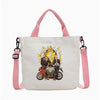 Bolsa tote blanca con tiras rosas y una ilustración vintage de un monarca.
