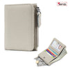 A light beige genuine leather slim bi-fold wallet with a zipper closure and cash slots.