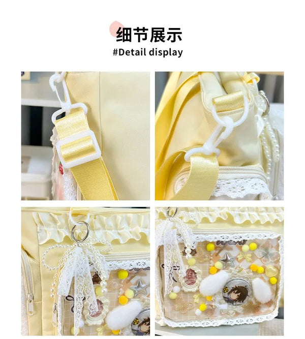 Close-up detail display of a yellow Y2K lace crossbody shoulder bag showing the strap and decorative elements.