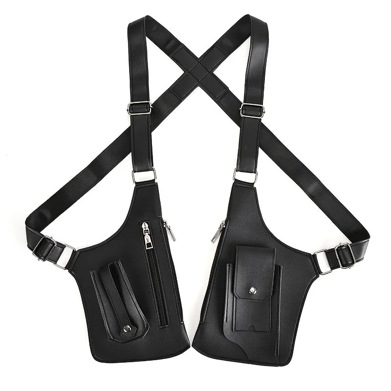 Black vintage tactical chest bag with multiple pockets and cross-body strap