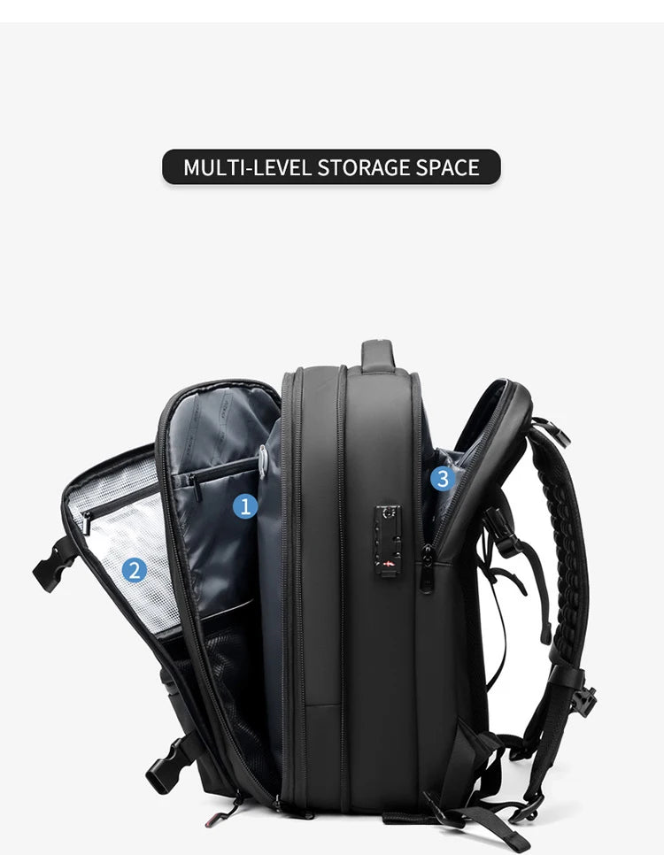 Black heavy duty laptop backpack with vacuum compression features shown from the side.
