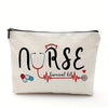 A beige zippered pouch featuring the word NURSE in black script and a red heartbeat line with medical symbols.