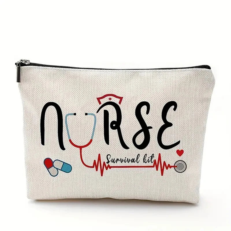 A beige zippered pouch featuring the word NURSE in black script and a red heartbeat line with medical symbols.