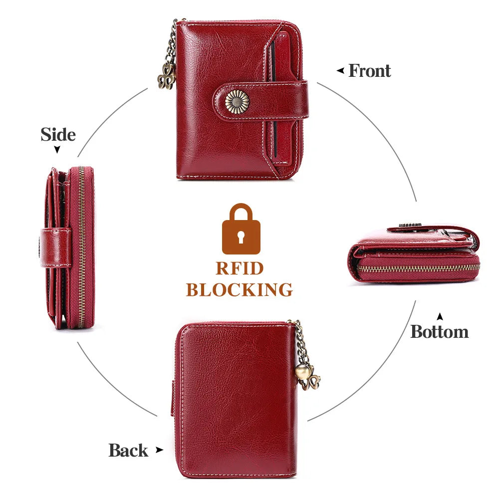 A maroon leather wallet shown from the front, side, back, and bottom views, highlighting RFID blocking features.