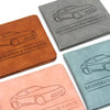 Three leather document organizers featuring line drawings of cars for registration and insurance documents