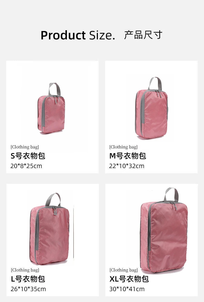 Four vertical pink clothing bags in sizes S, M, L, and XL displayed side by side.