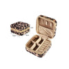 A rectangular leopard print PU leather jewelry storage box with a hinged lid and interior compartments.