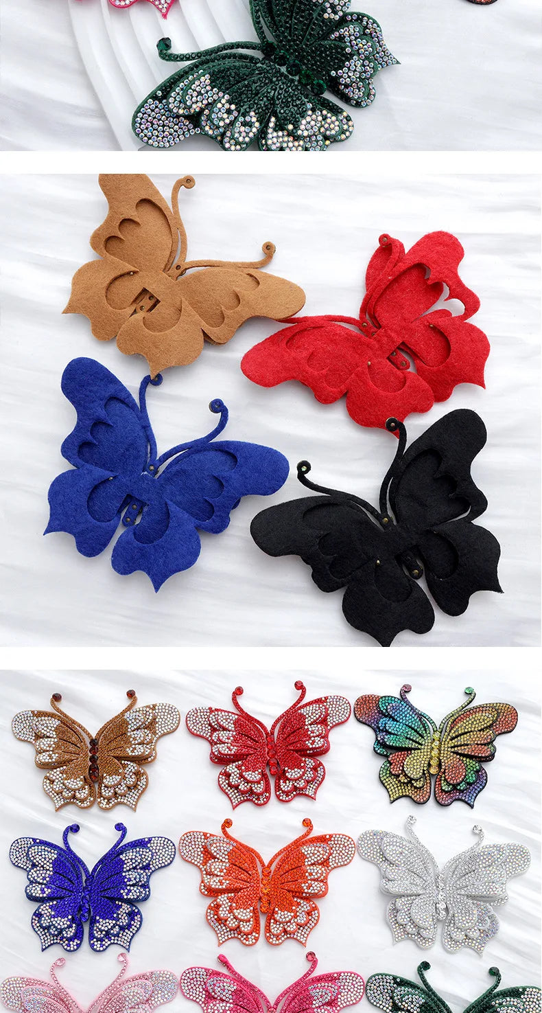 A collection of decorative rhinestone butterfly appliqués and stickers in various colors like green, red, black, blue, orange