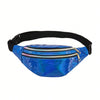 Blue holographic sequin waist bag with a black adjustable strap
