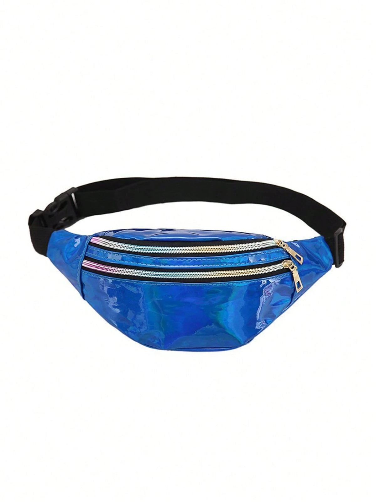 Blue holographic sequin waist bag with a black adjustable strap