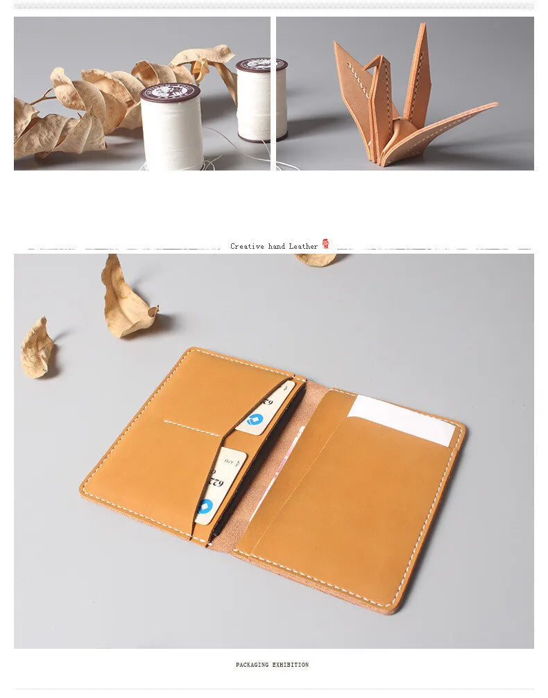 A brown genuine cowhide leather passport and ticket holder with stitched edges and a white insert.