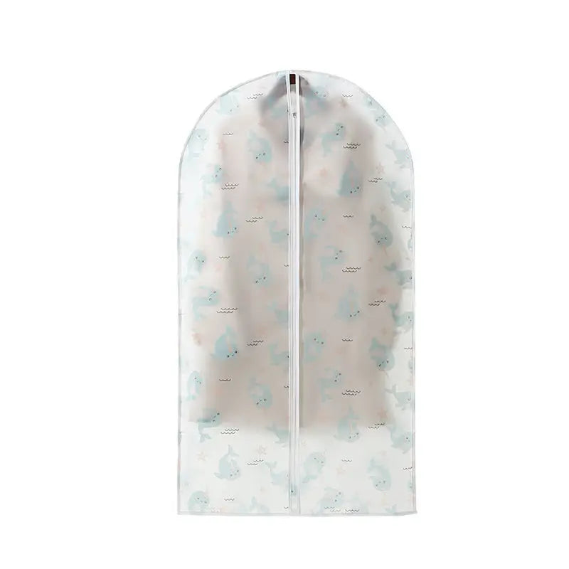 Clear garment dust cover for hangers with a zipper, featuring a light blue floral pattern.