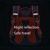 A dark brown backpack featuring night reflection strips for safe travel.