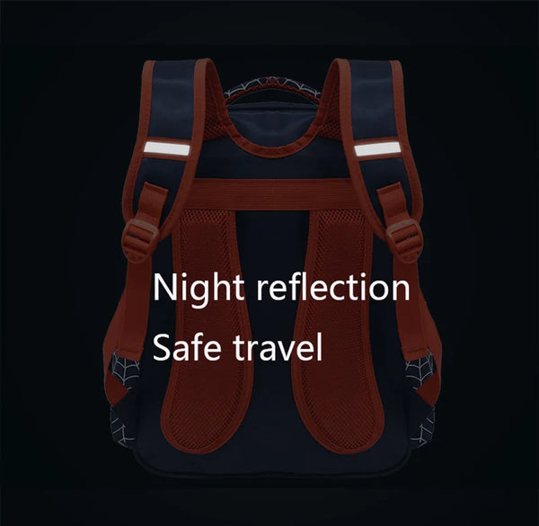 A dark brown backpack featuring night reflection strips for safe travel.