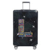 A black stretch fabric luggage protection cover with silver handles and wheels.