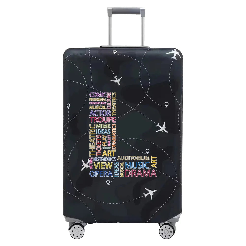 A black stretch fabric luggage protection cover with silver handles and wheels.
