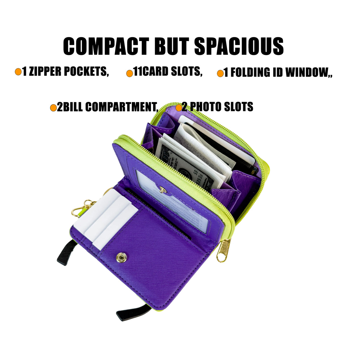 Purple coin purse wallet with zipper pockets, card slots, and a folding ID window.