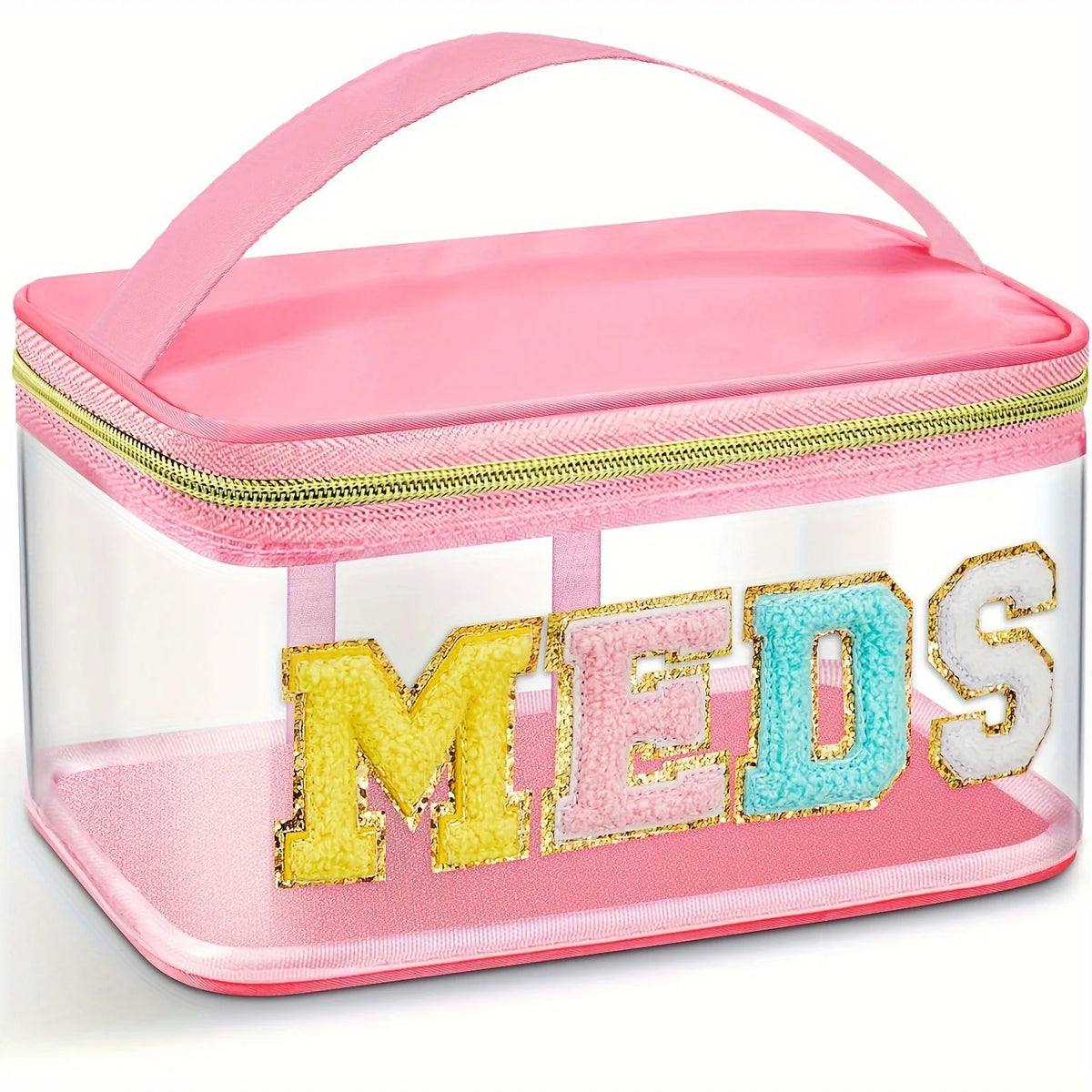 A clear pink toiletry bag with a glittery gold letter 'MEDS' design on the front.
