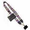 A colorful patterned lanyard with a black leather wallet and gold chain.