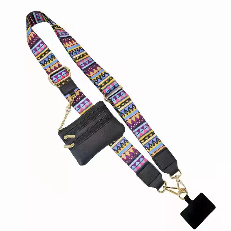 A colorful patterned lanyard with a black leather wallet and gold chain.