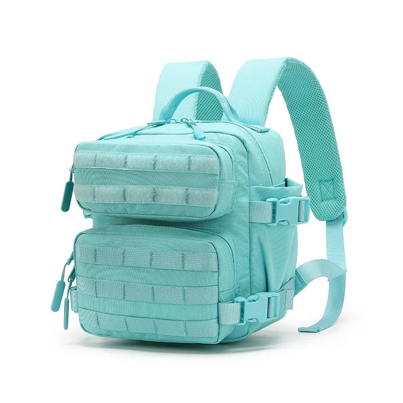 A light blue tactical MOLLE backpack with adjustable straps and multiple compartments.