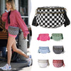 A collection of various patterned nylon crossbody bags in pink, green, blue, and black checkered designs.