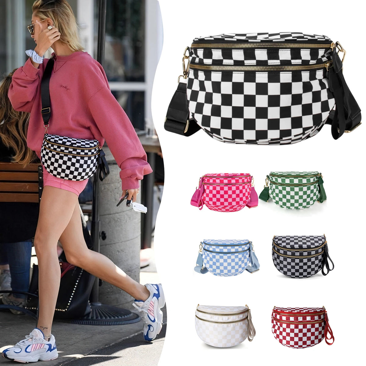 A collection of various patterned nylon crossbody bags in pink, green, blue, and black checkered designs.
