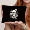 Black zippered pouch featuring a detailed black and white design of roses and a skull