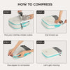 Four steps showing how to compress and pack clothing using an expandable compression packing cubes set