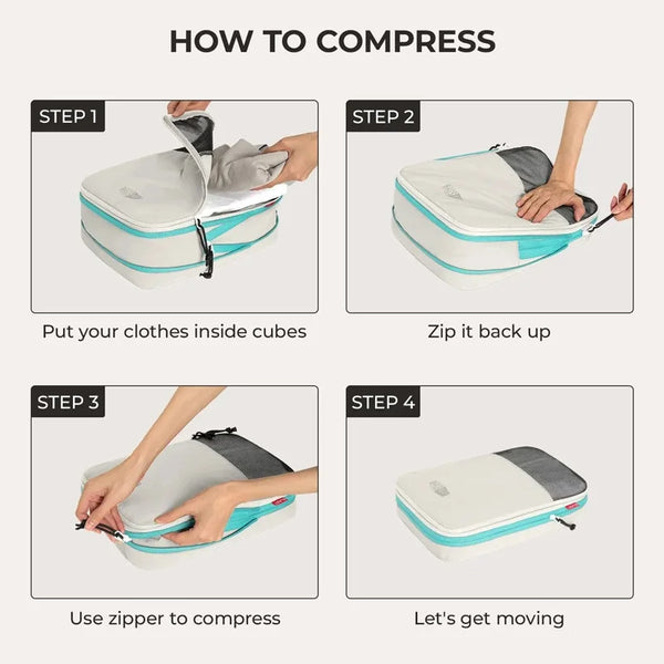 Four steps showing how to compress and pack clothing using an expandable compression packing cubes set
