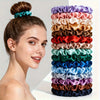 A stack of 19 thin scrunchies hair ties in various shades of purple, pink, brown, and blue.
