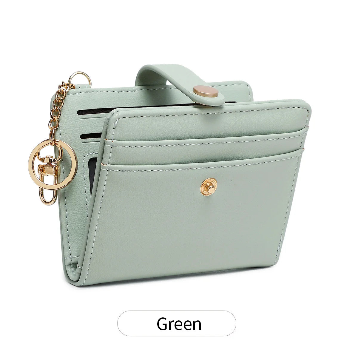 A light mint green minimalist wallet with a leather strap and gold chain detail.