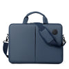 A dark blue slim commuter laptop briefcase with a padded top handle and shoulder strap.