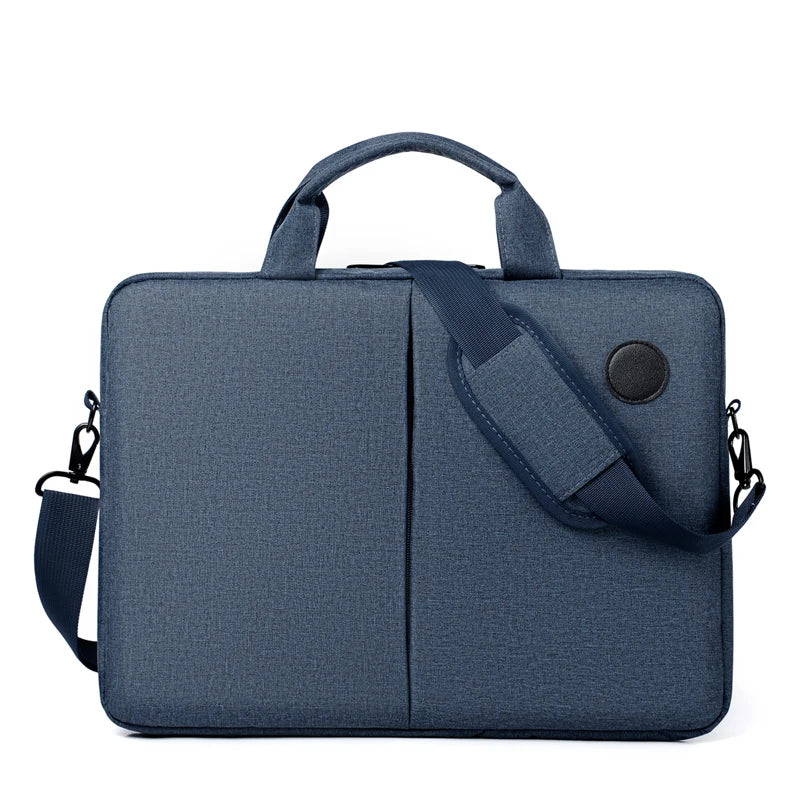 A dark blue slim commuter laptop briefcase with a padded top handle and shoulder strap.