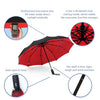 A red heavy-duty windproof automatic umbrella with a black shaft and a dark canopy, shown with various features highlighted.
