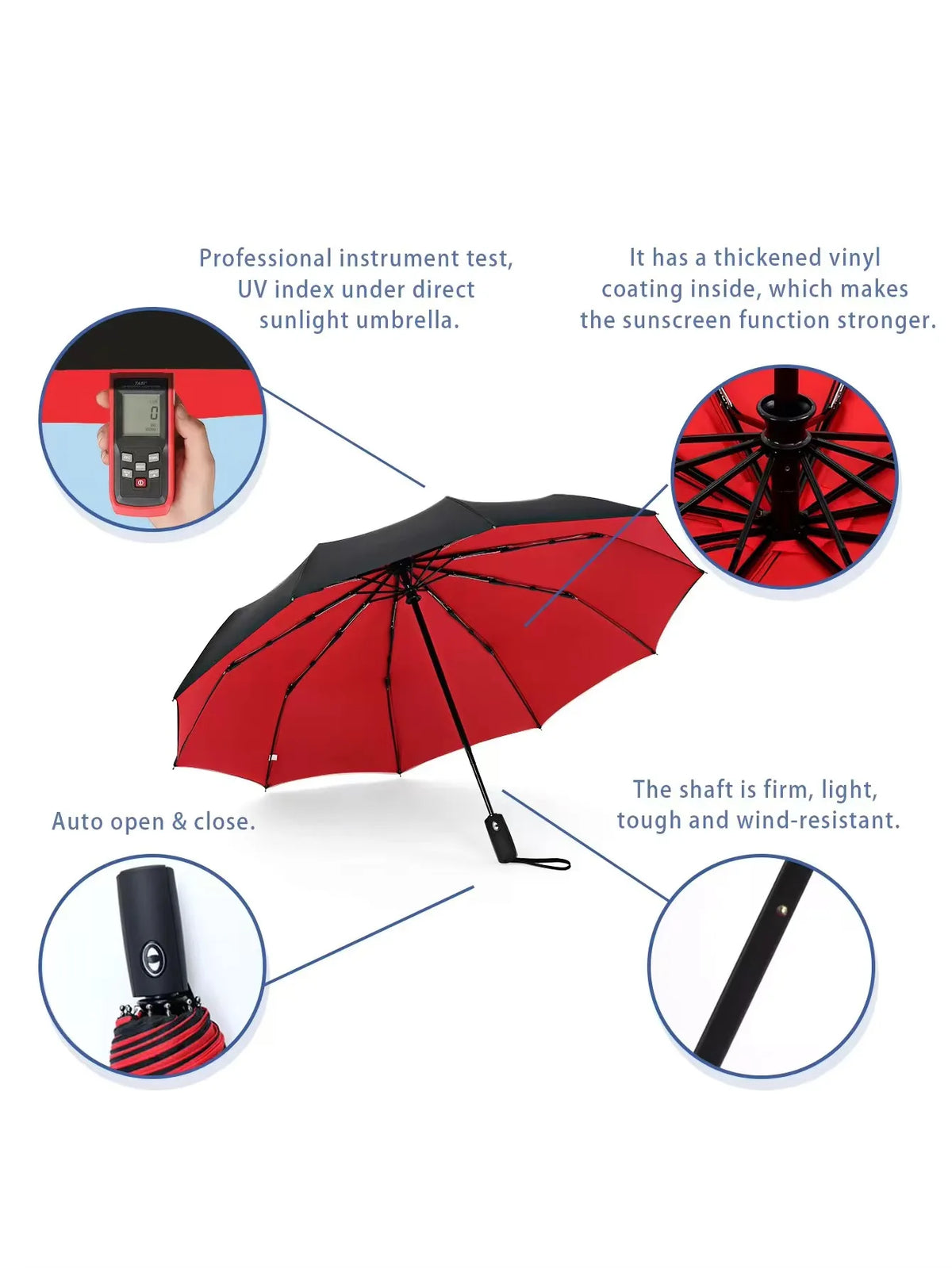 A red heavy-duty windproof automatic umbrella with a black shaft and a dark canopy, shown with various features highlighted.